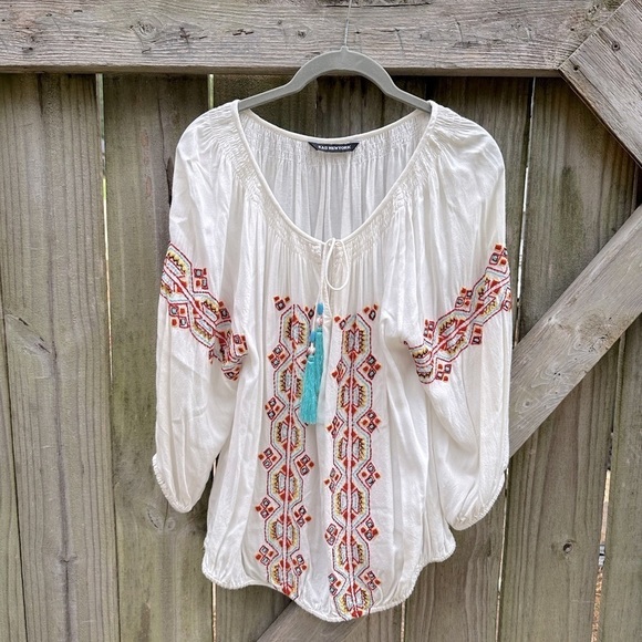 Kas New York Boho Embroidered Peplum Sleeve Tassel Tie Neckline Blouse - Picture 1 of 7
